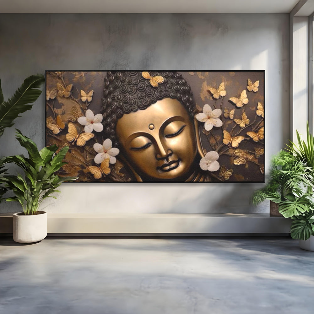 Tablou canvas cu tablou canvas cu capul lui buddha, in rama de aluminiu negru